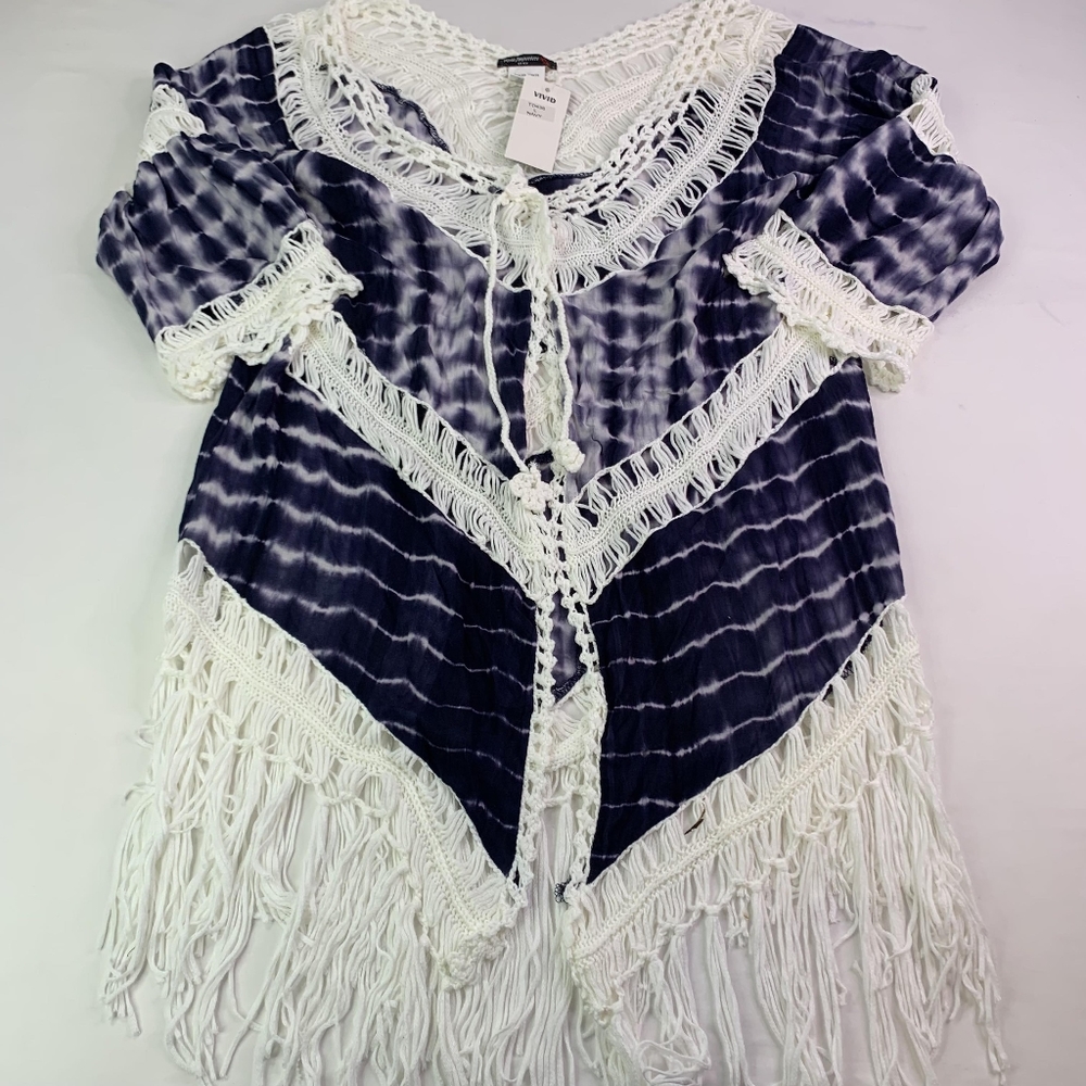 NWT Vivid Importers Of NY Womens Tie Dye Navy Boho Fringe Shirt Top Size Large